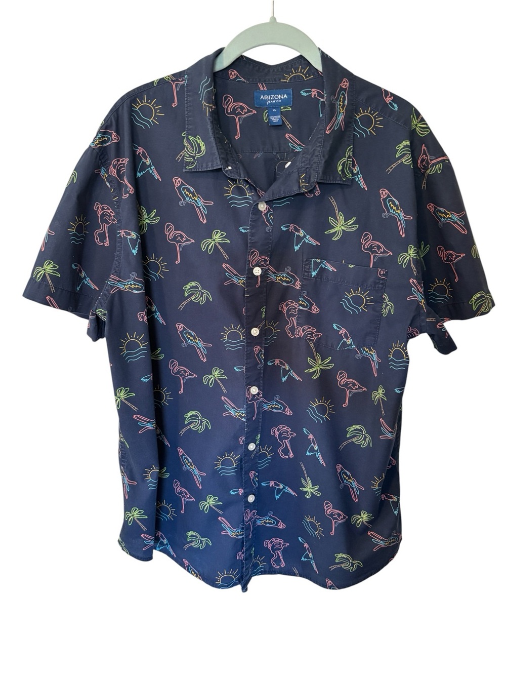 Arizona Jean Company Navy Short-Sleeve Button-Up with Neon Tropical Motif